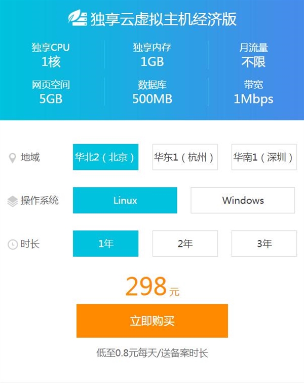 阿里云推出独享云虚拟主机经济版:仅需298元/年